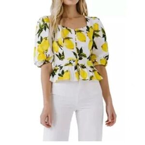 English Factory Lemon Print Peplum Top